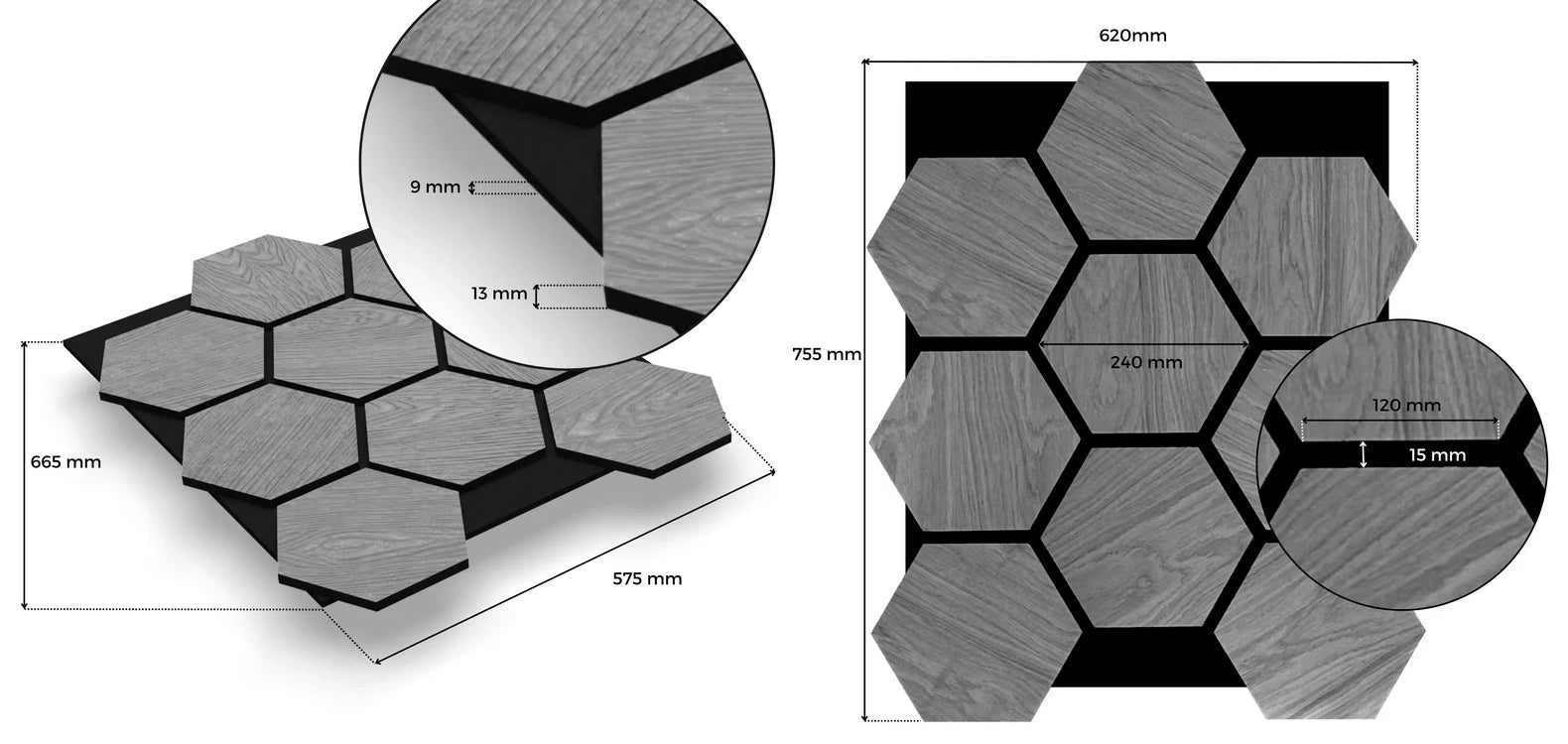 Hexagon paneelin mittakuva